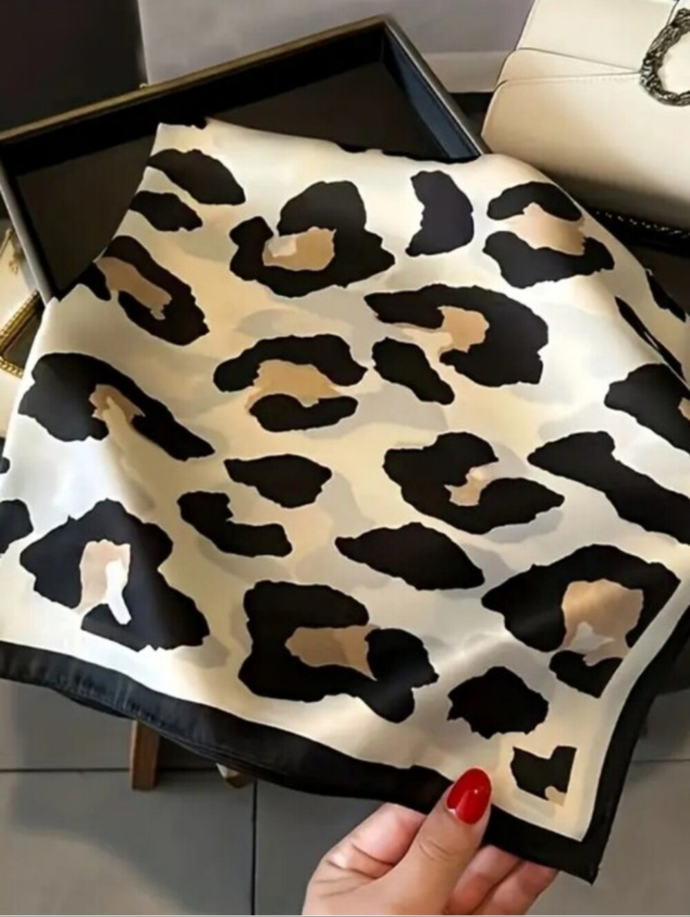 Silk-feel Leopard Print Scarf in Black, Cream & Tan